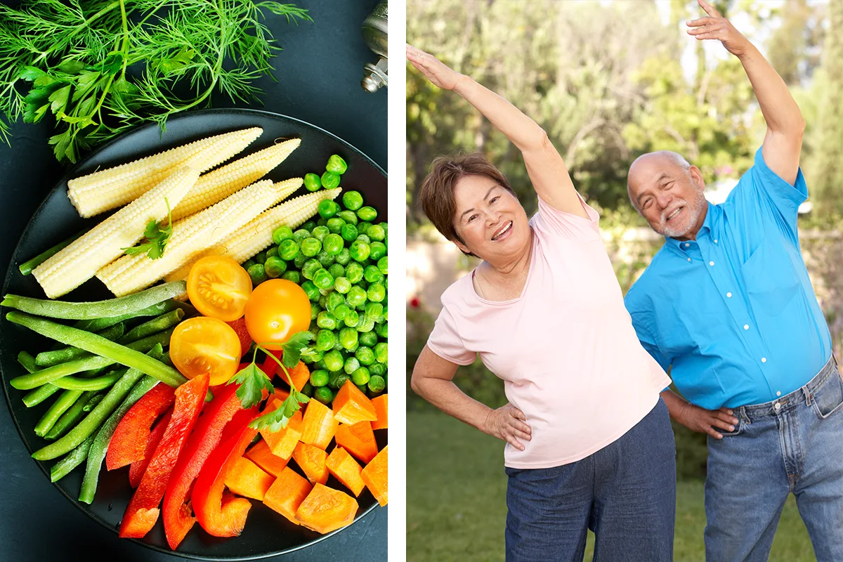 Fresh vegetables and an active older couple exercising outdoors — natural ways to support nitric oxide